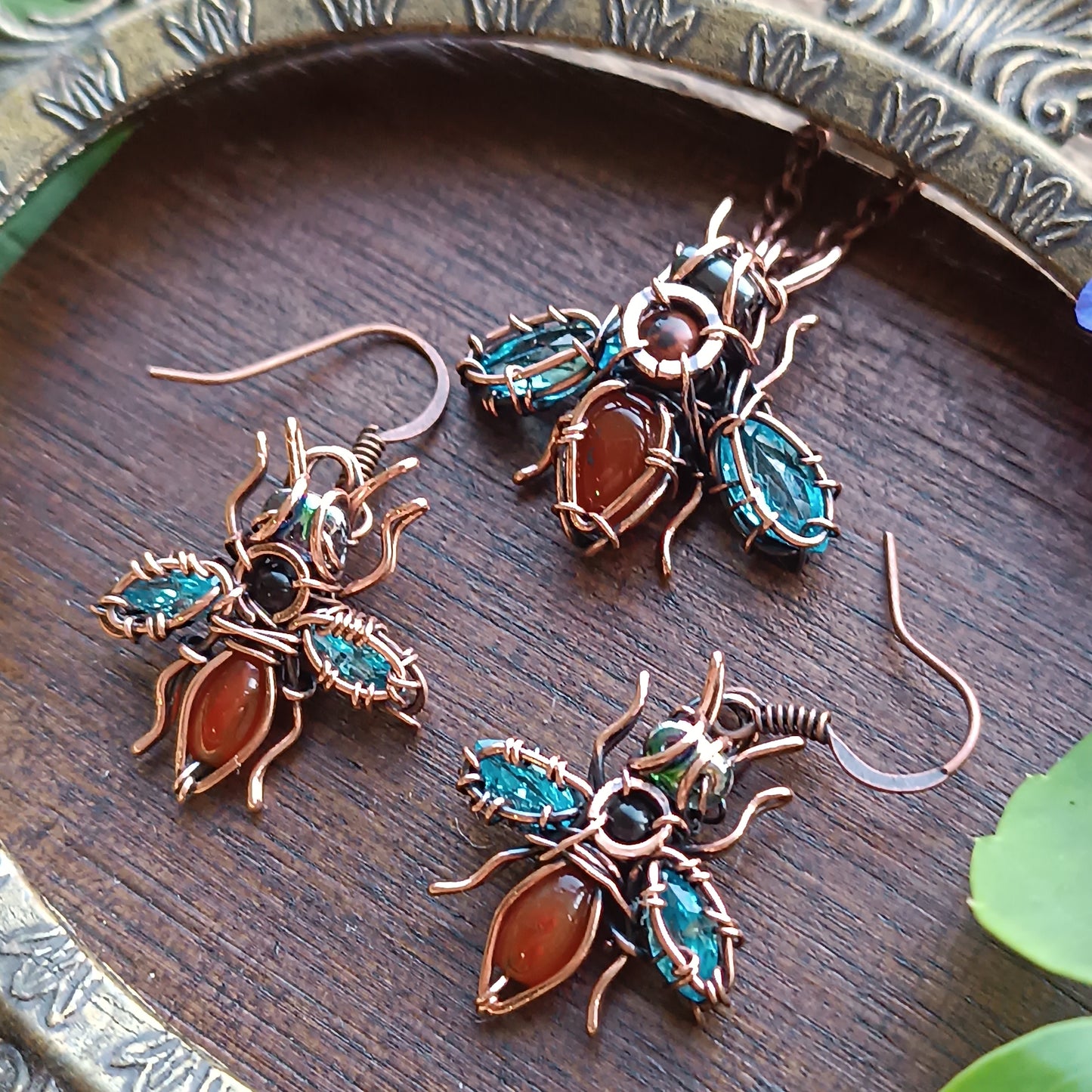 SET of blue winged bee earrings and bee charm.
