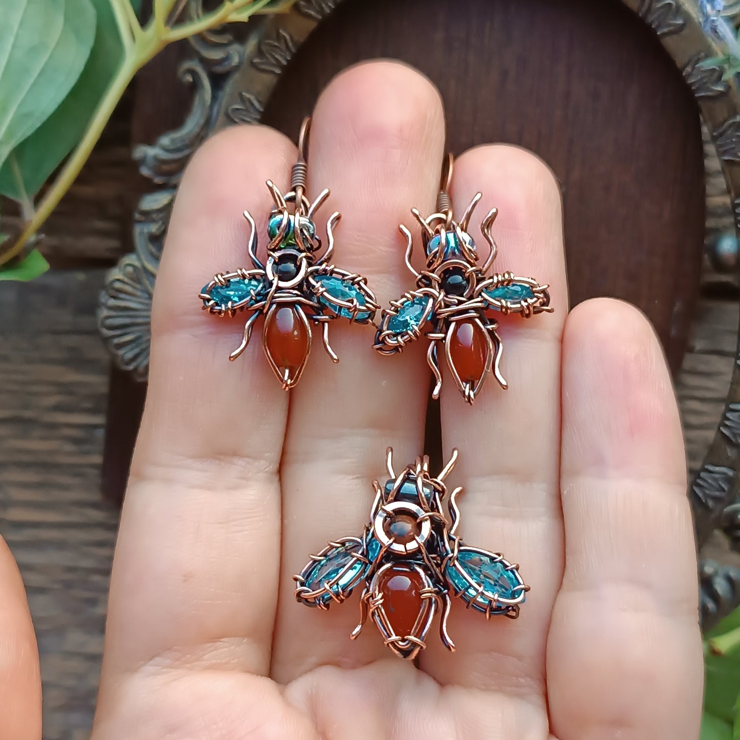 SET of blue winged bee earrings and bee charm.