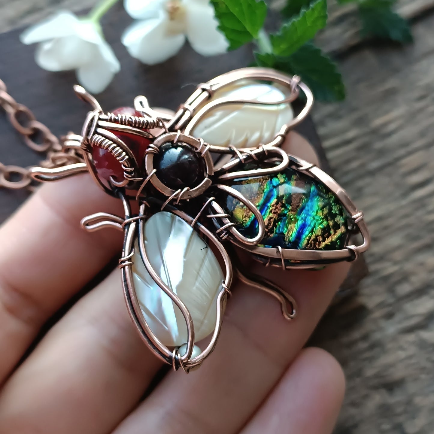 Dichroic glass bee necklace