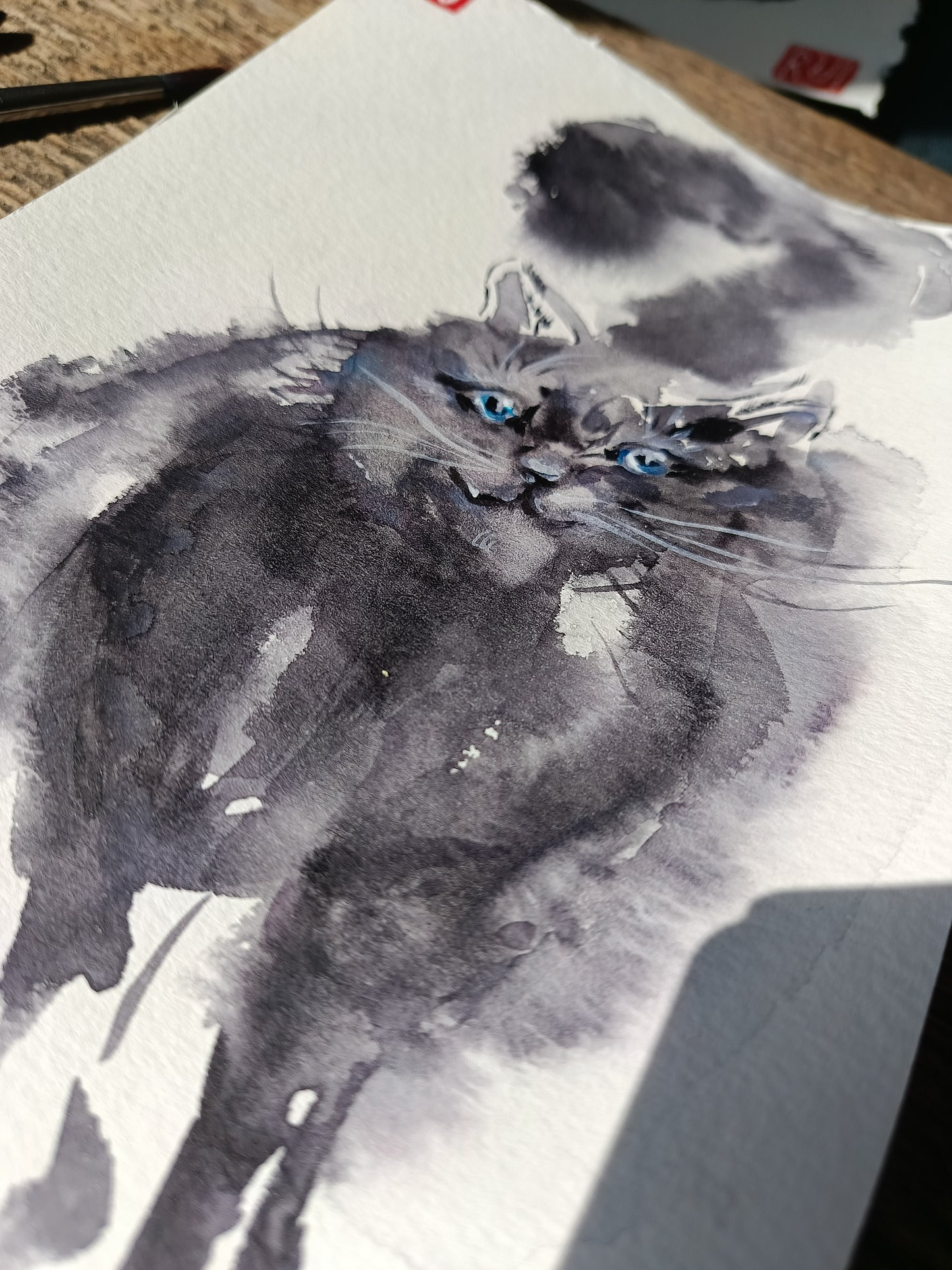 Funny tooth. Fluffy grey cat. Original watercolour