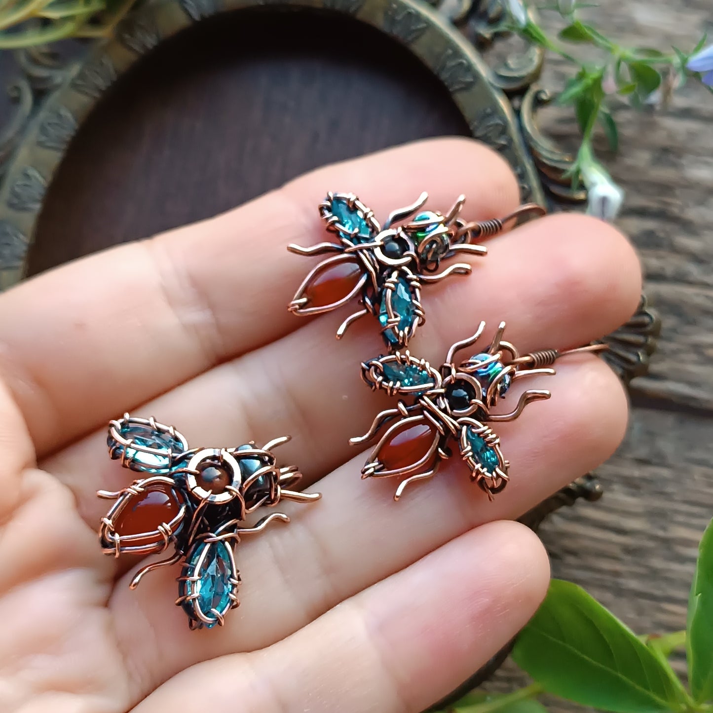 SET of blue winged bee earrings and bee charm.
