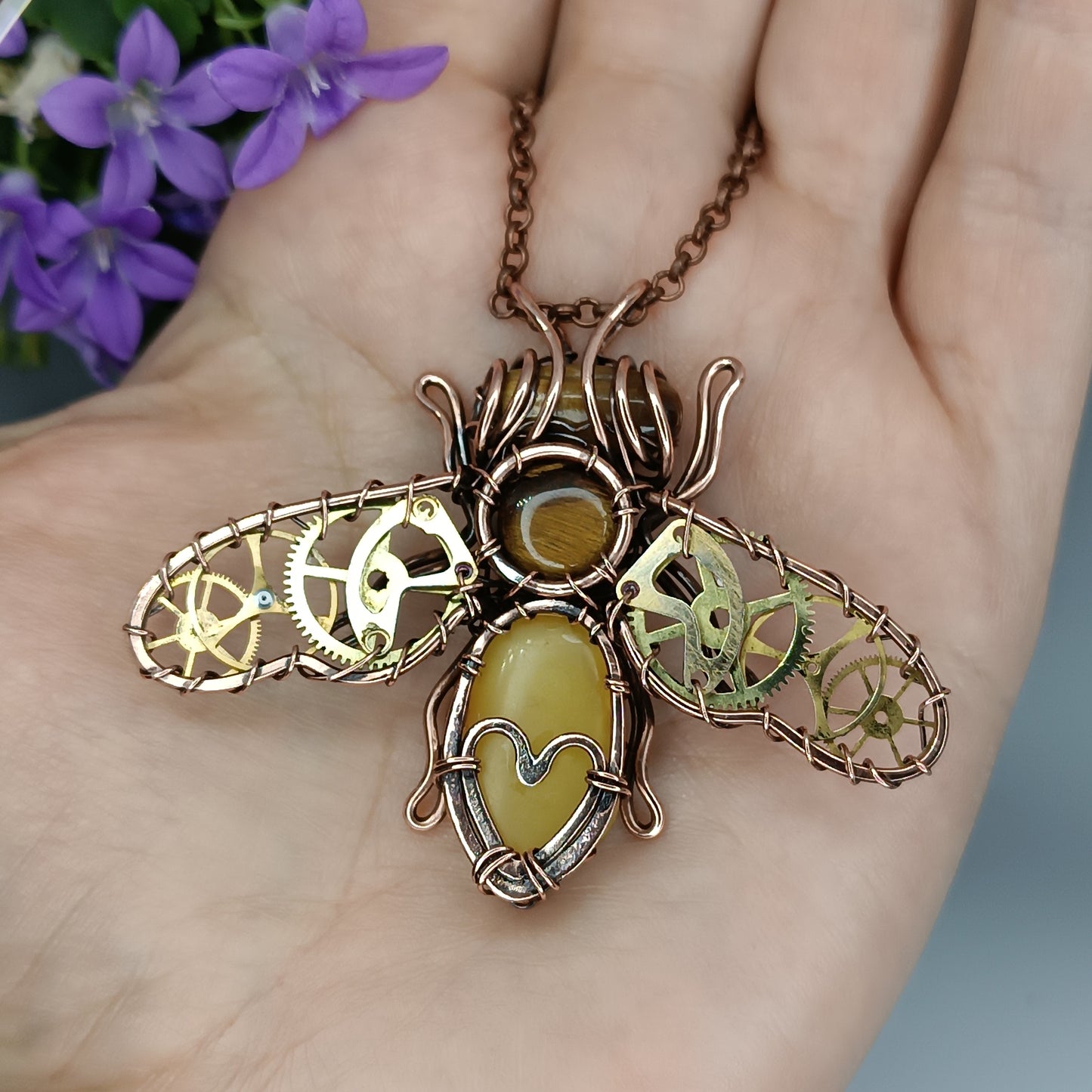 Honey bee necklace with watch cogs