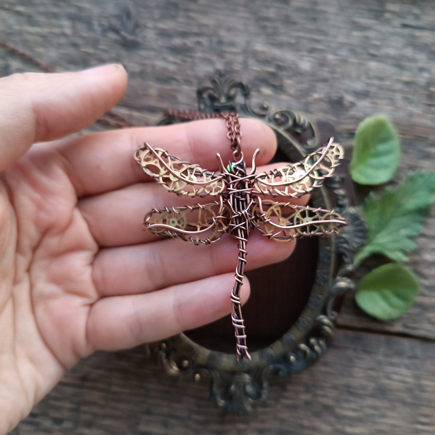 Olivia. Golden cogs Dragonfly pendant