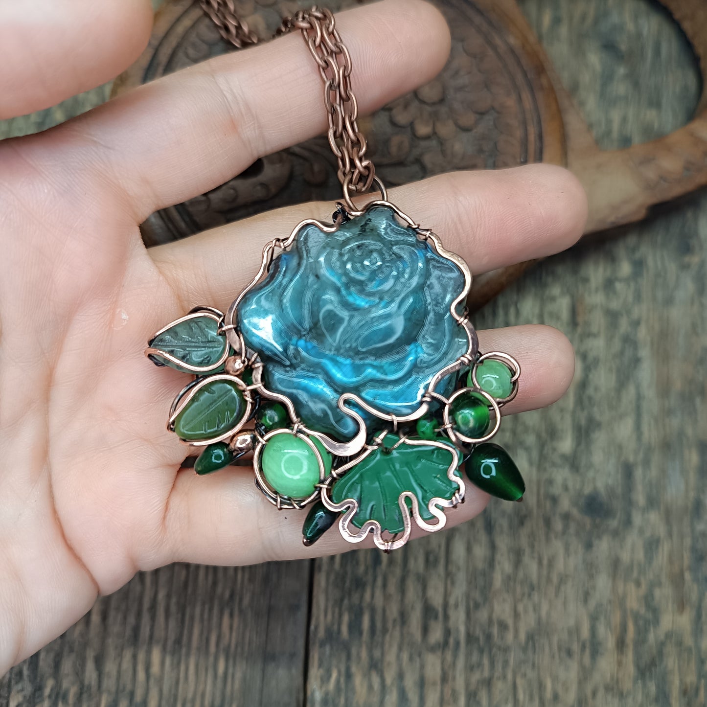 Blue rose and Ginkgo Set (necklace and earrings)