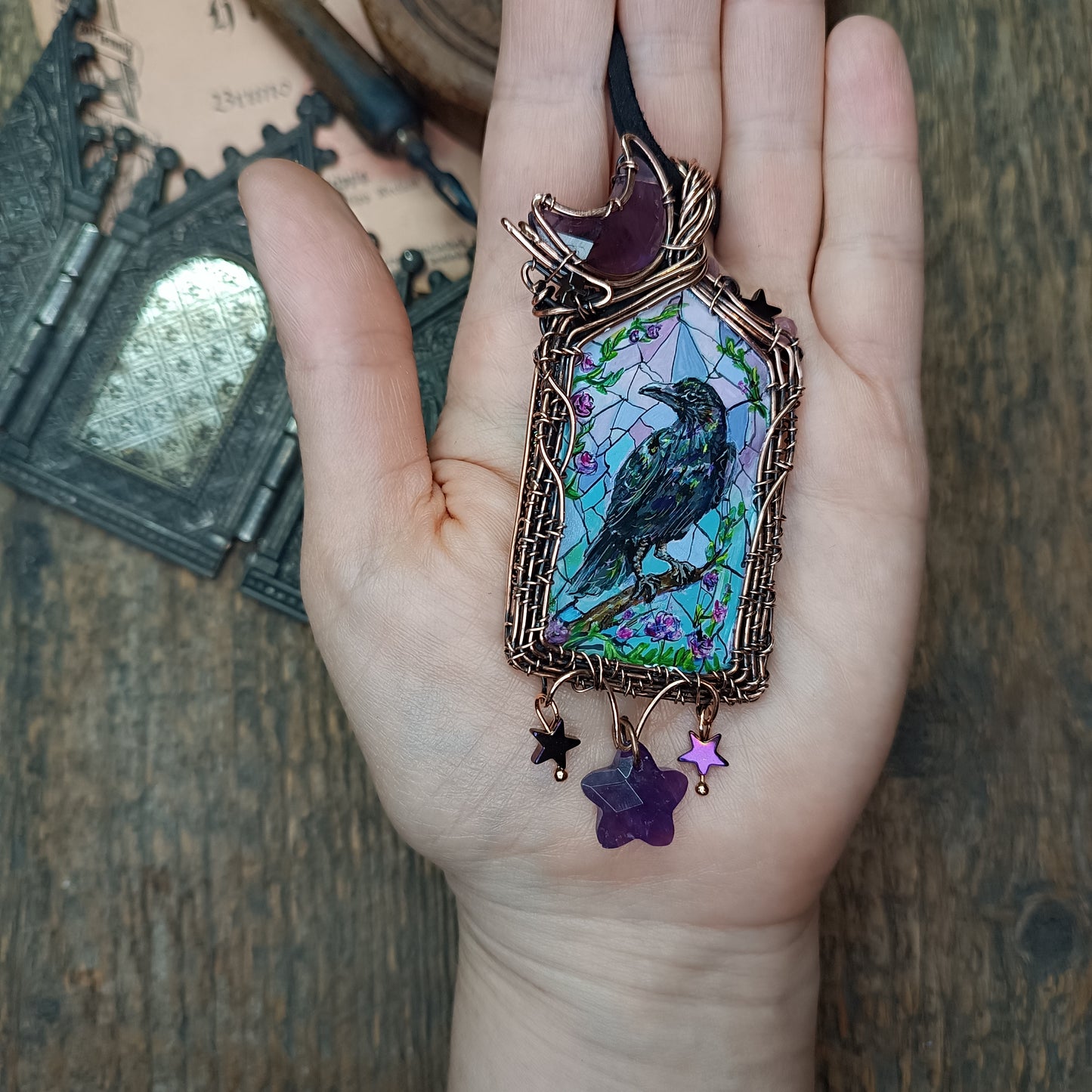 Medieval window necklace. Raven and Bat.