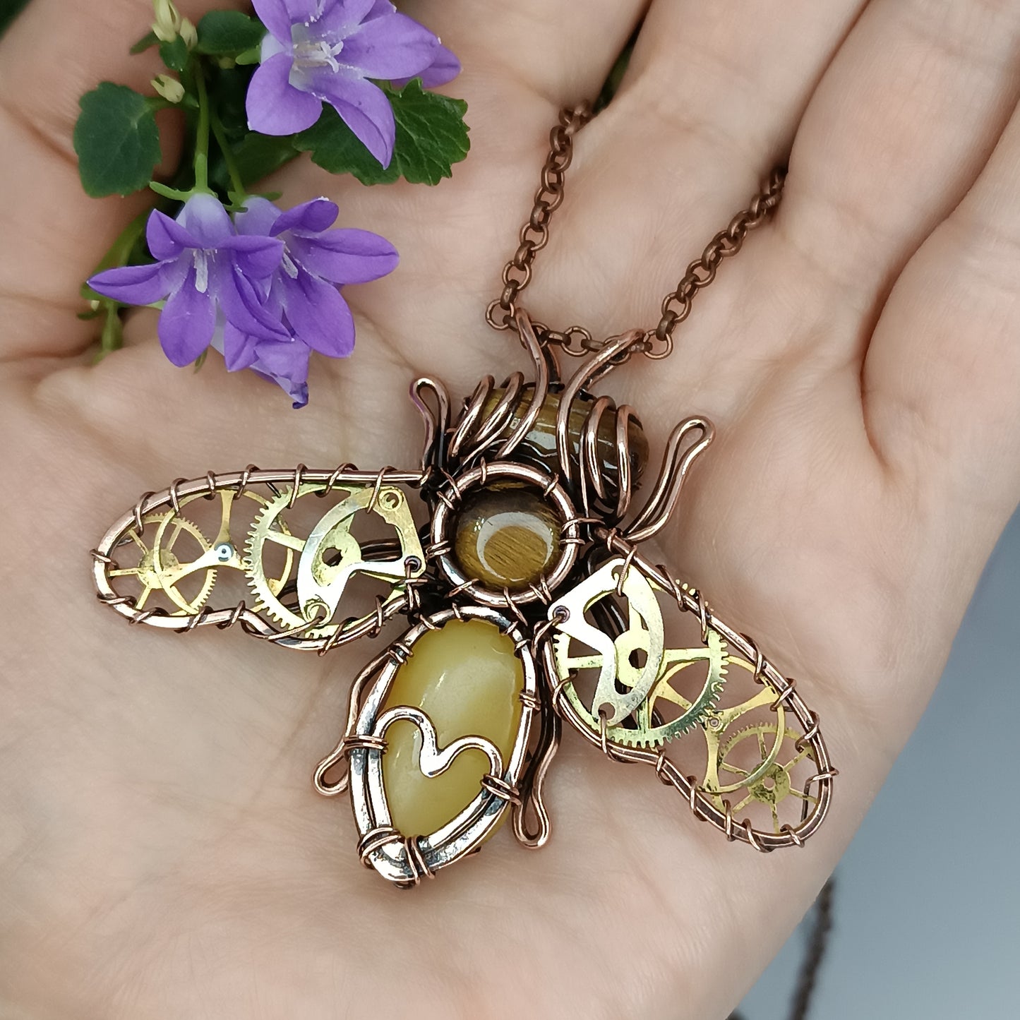 Honey bee necklace with watch cogs