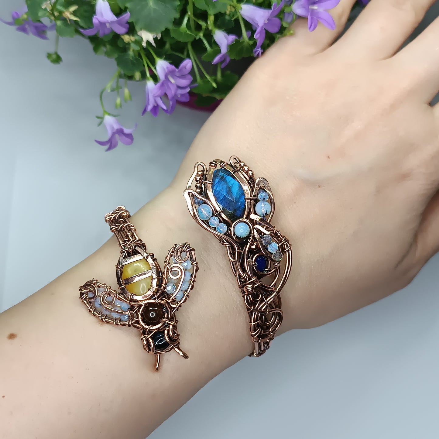 Bee on blue flower. Adjustable cuff bracelet. Size S-M