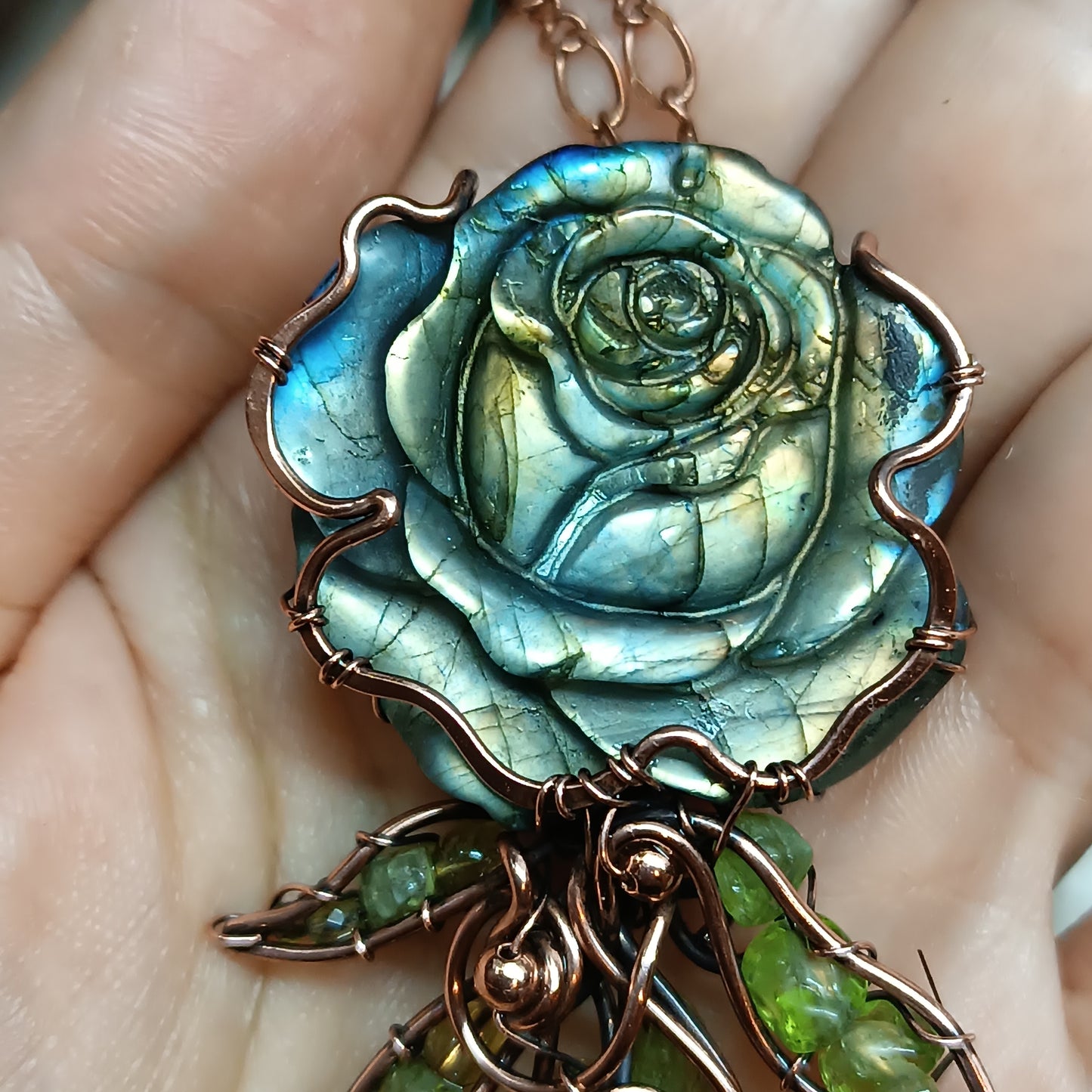 Labradorite rose with chrysolite leaves. Pendant