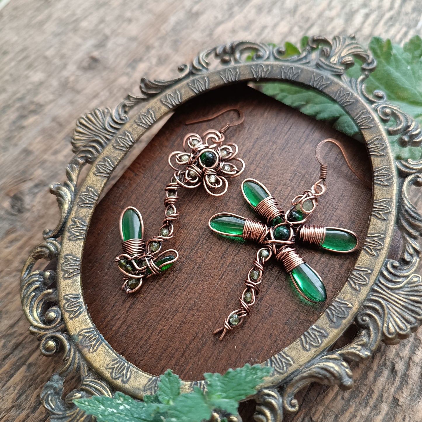 Green dragonfly and flower earrings