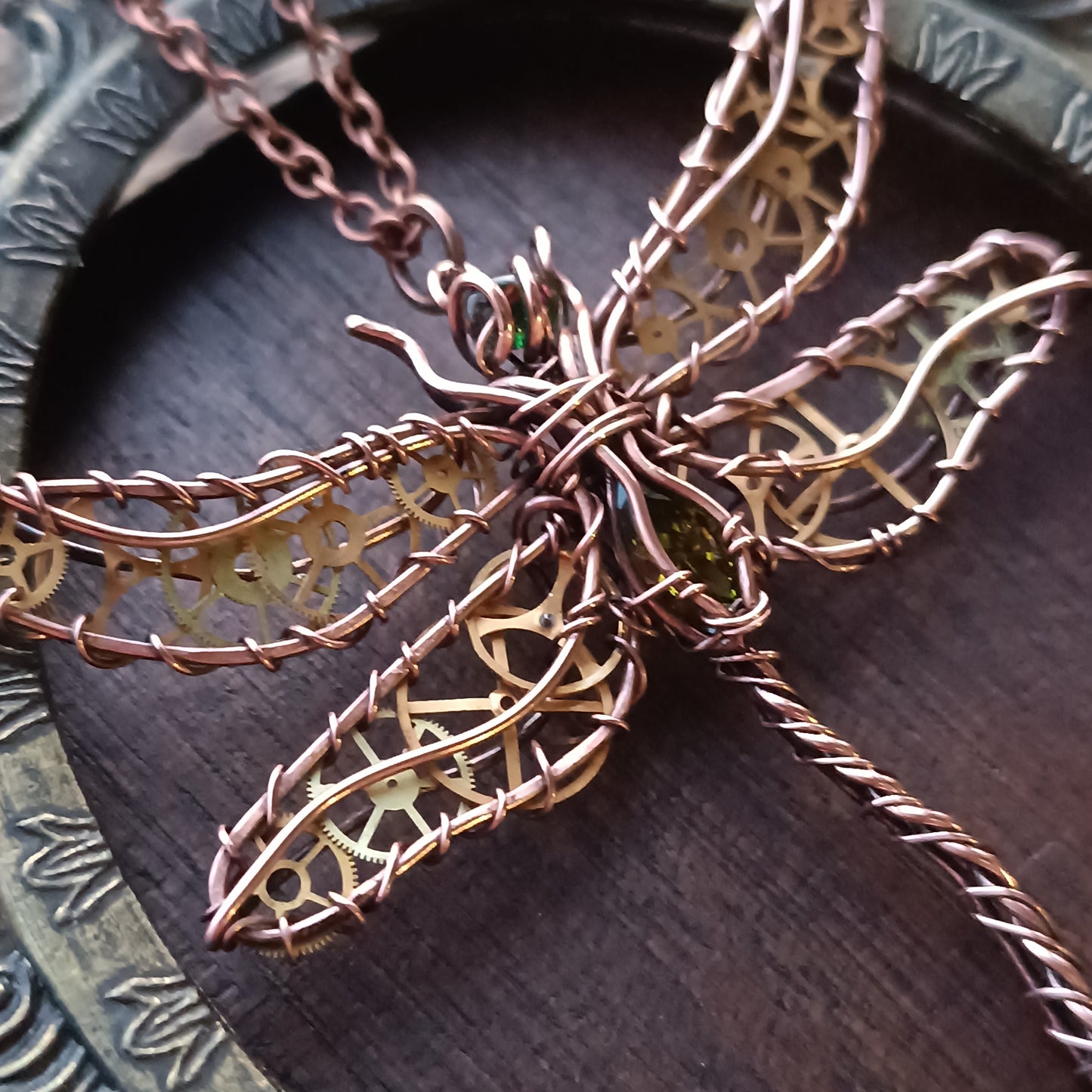 Olivia. Golden cogs Dragonfly pendant