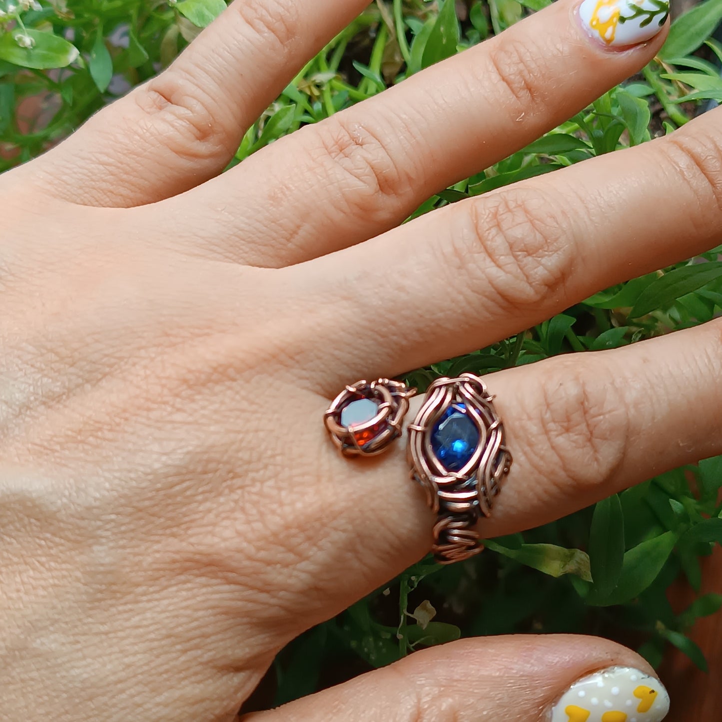 Red and blue CZ ring. Adjustable
