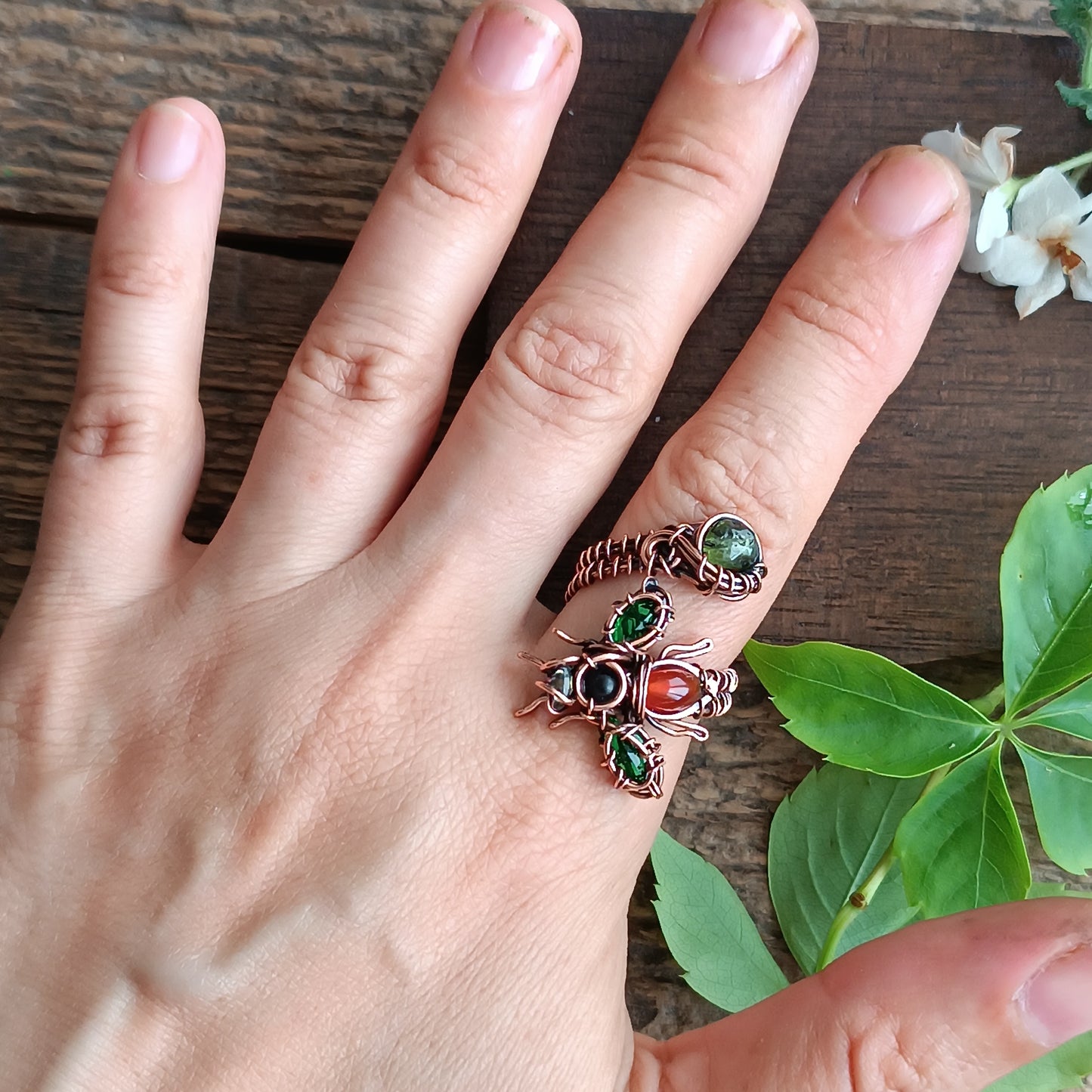 Green wings bee RING. Adjustable