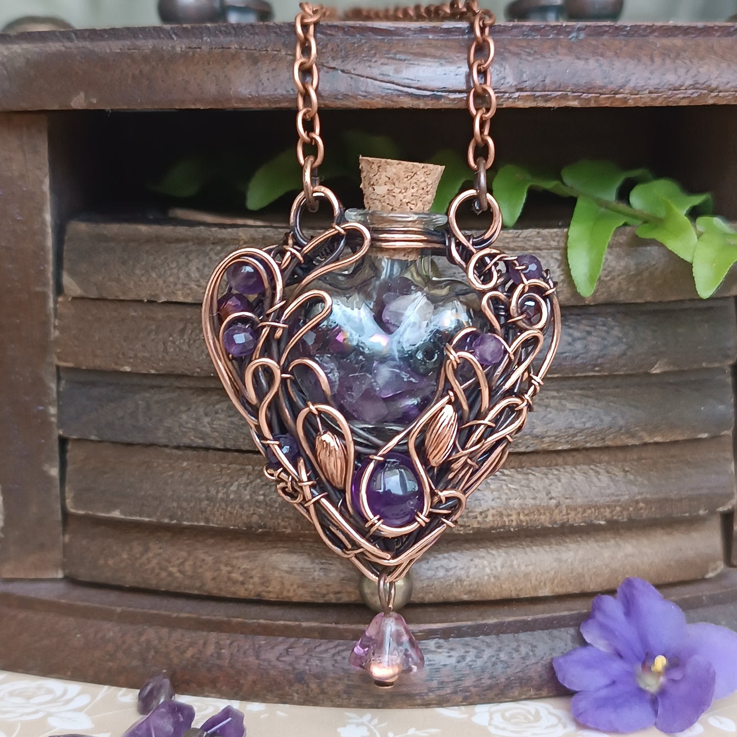 Dance of violets. Vial necklace