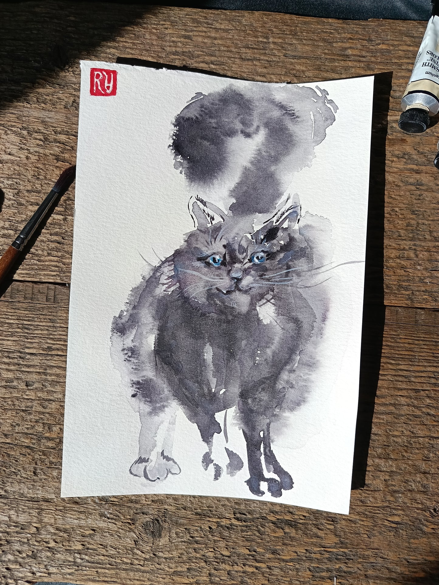 Funny tooth. Fluffy grey cat. Original watercolour