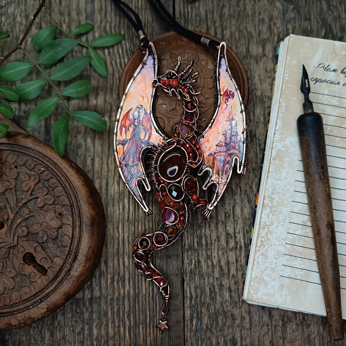 The ballad of Red dragon and his love. Wearable art necklace.