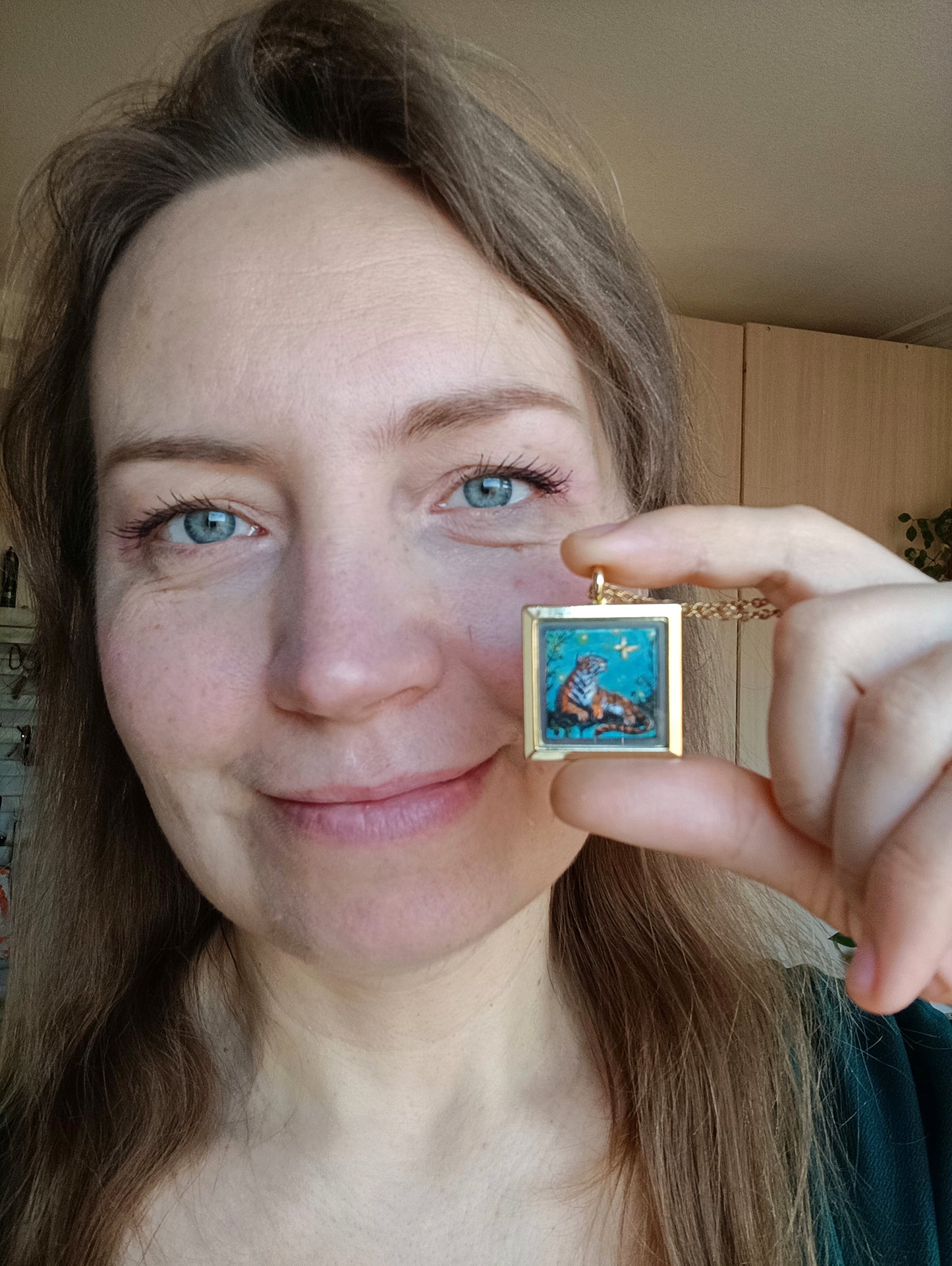 Tiger and princess. Hand painted miniature pendant. Sure thing its one of a kind!