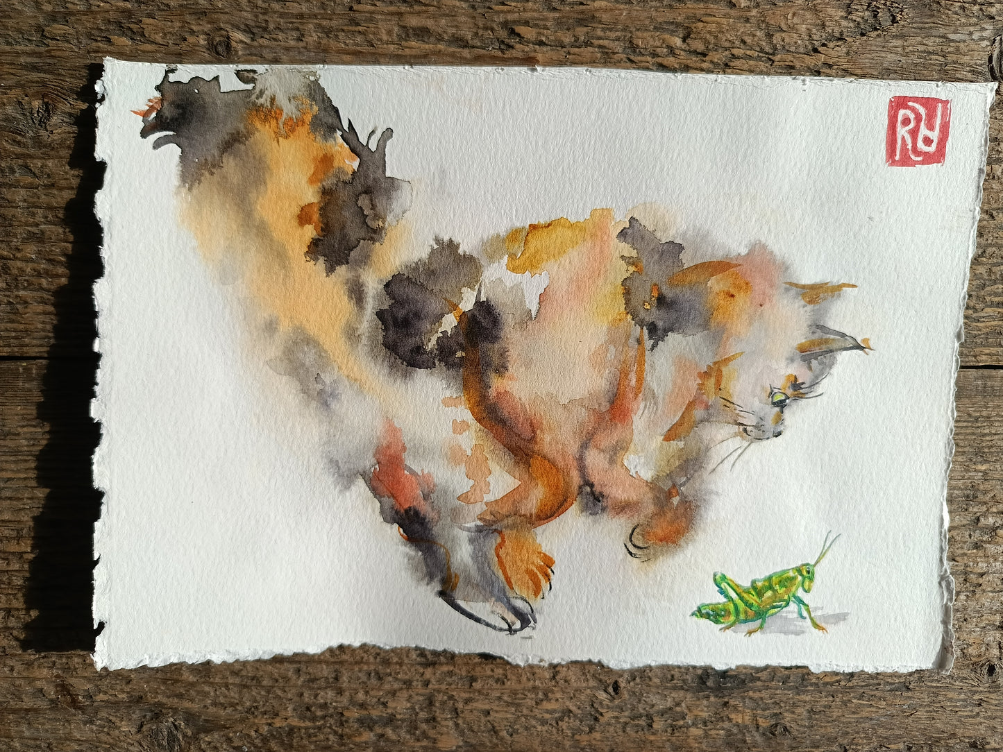 Hop hop! Fluffy cat and grasshopper. Original watercolour