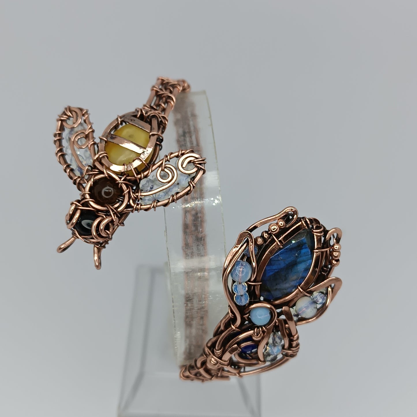Bee on blue flower. Adjustable cuff bracelet. Size S-M