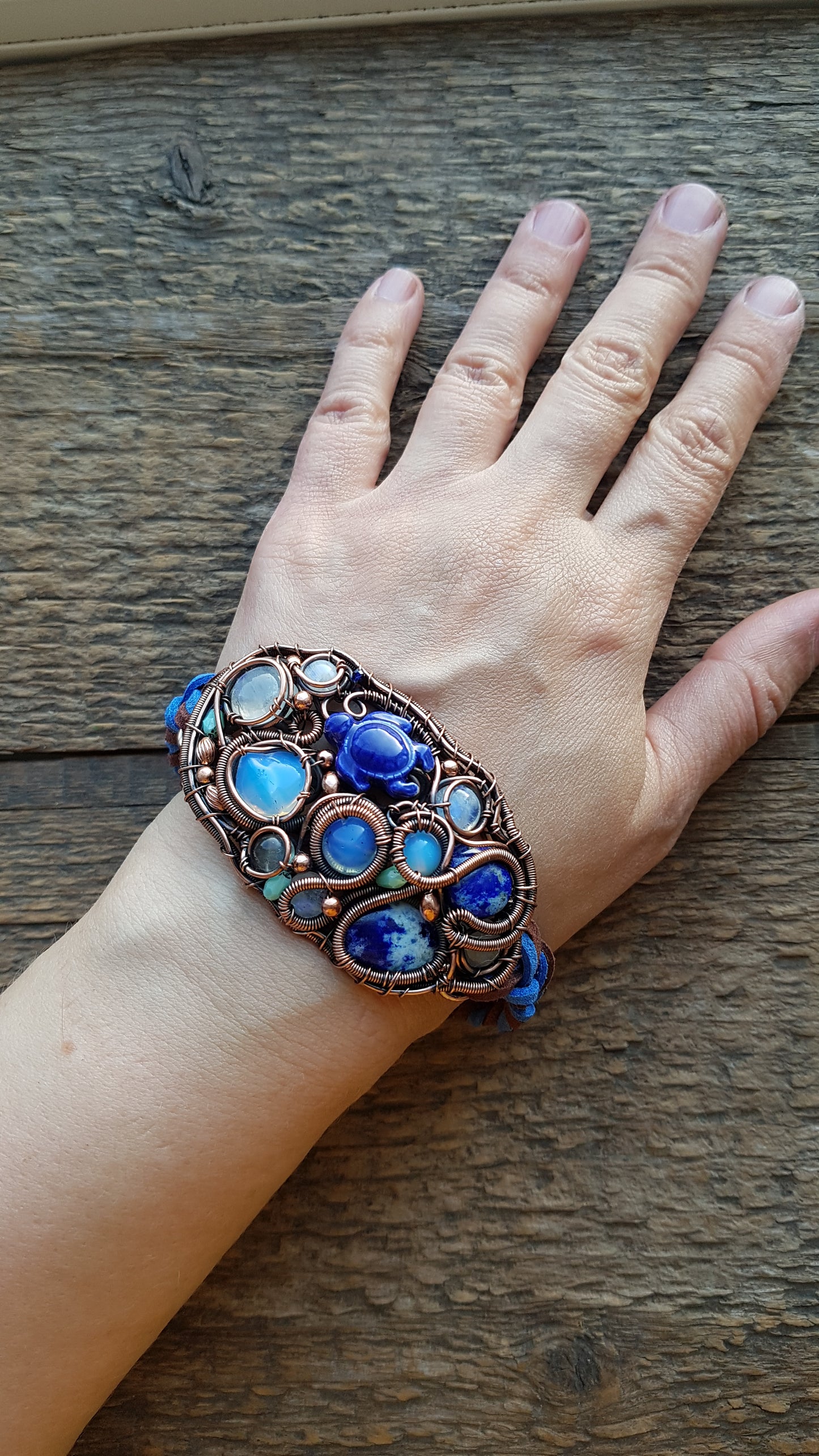 Wire wrapped bracelet with sea turtle