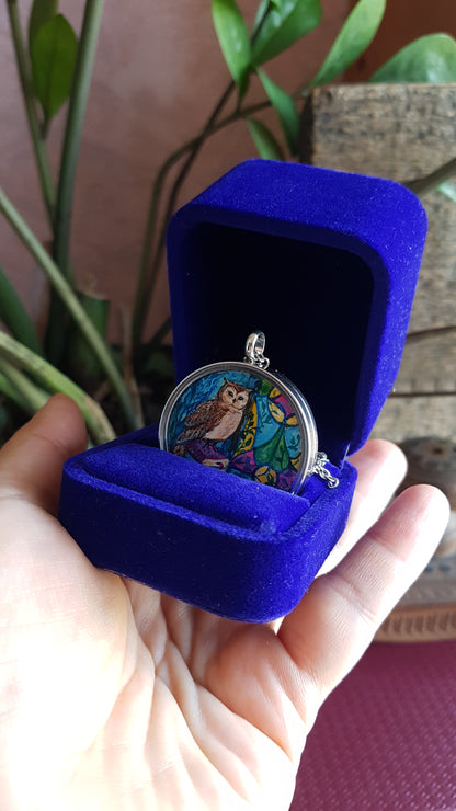 Forest magic owl. Double sided mini painted pendant.