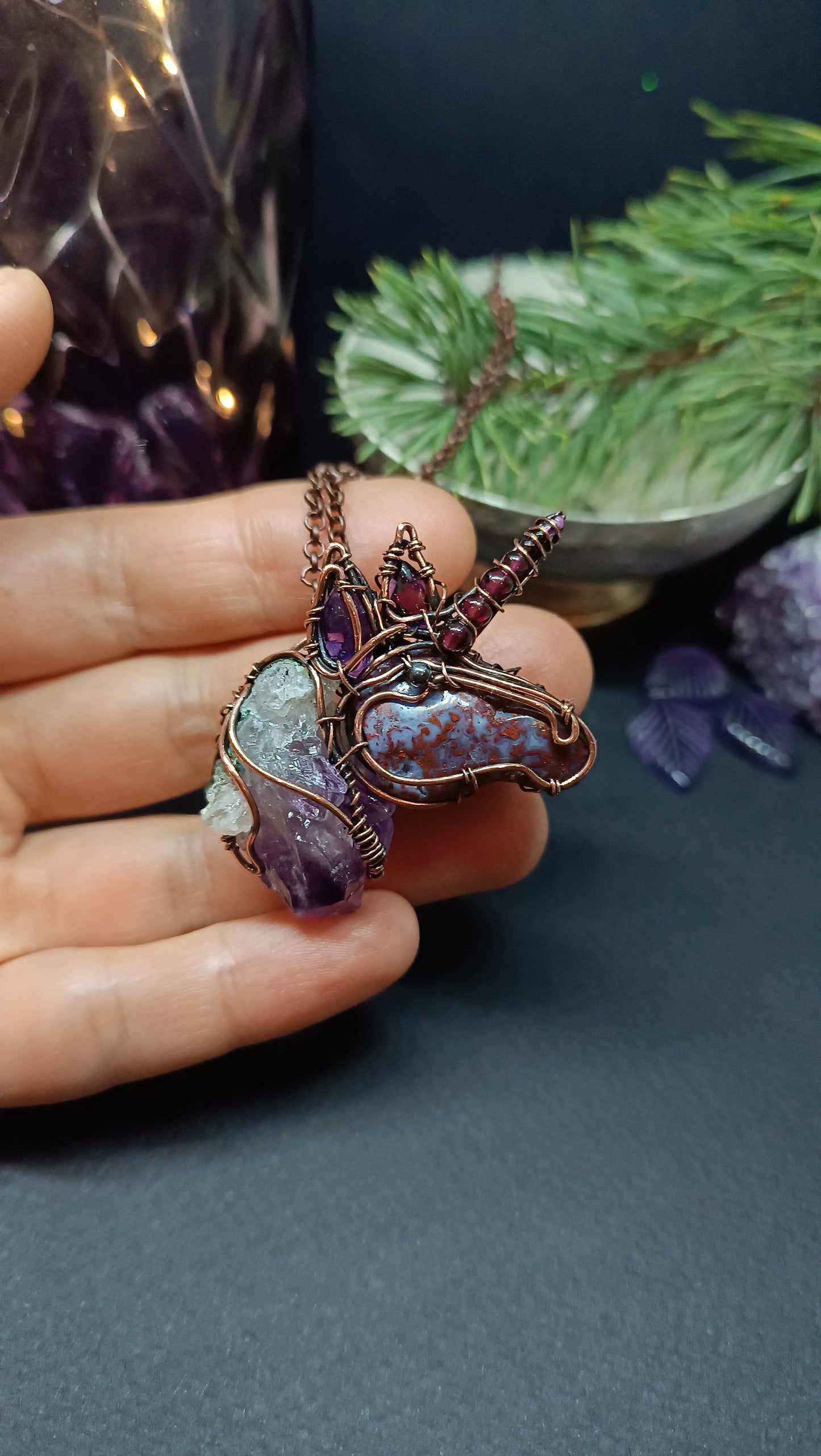 Lilac unicorn pendant.