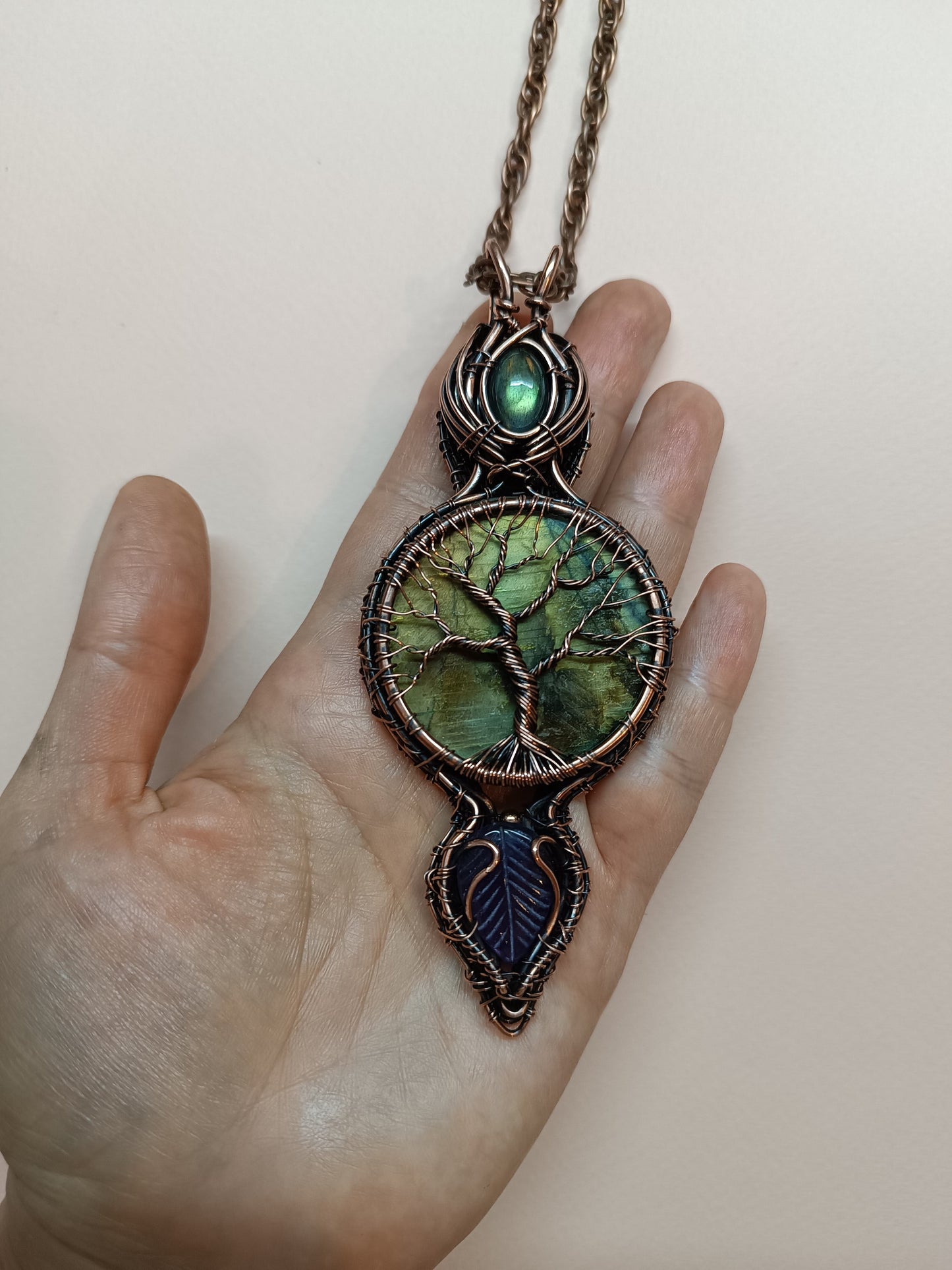 Reversible green labradorite Tree of life necklace.