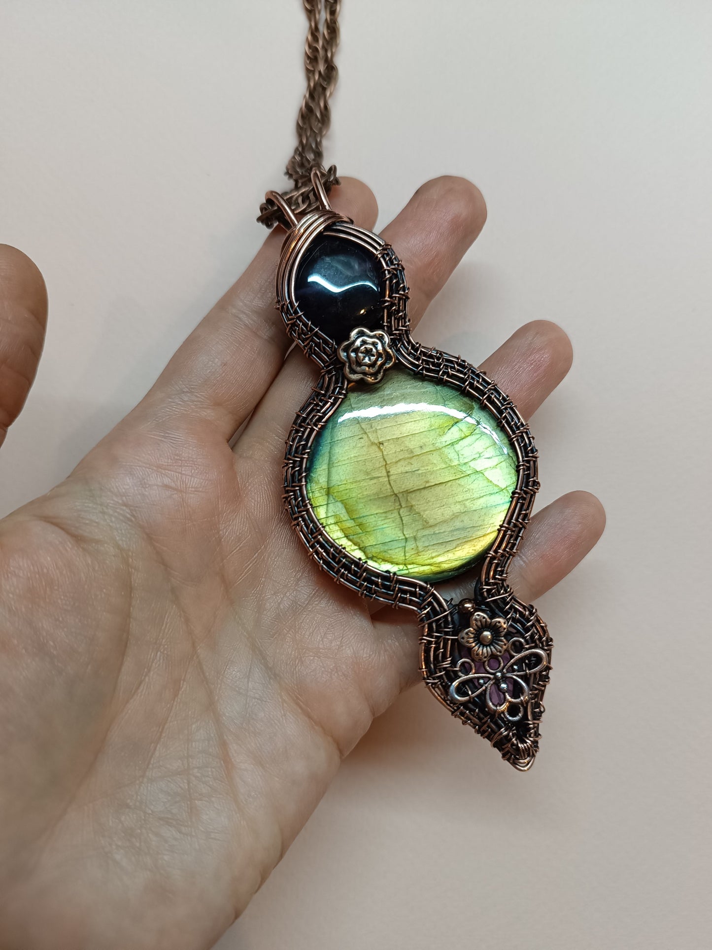 Reversible green labradorite Tree of life necklace.