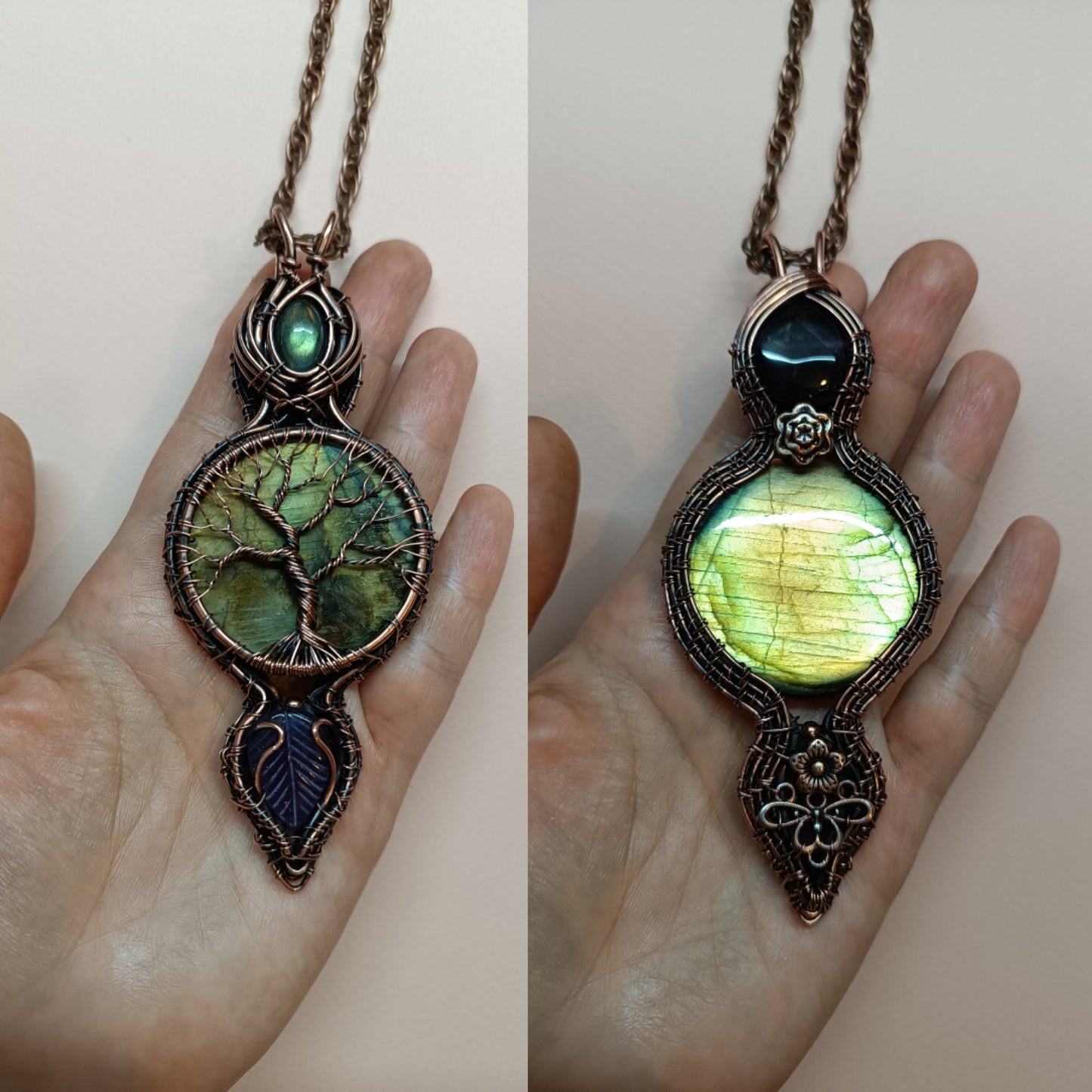 Reversible green labradorite Tree of life necklace.