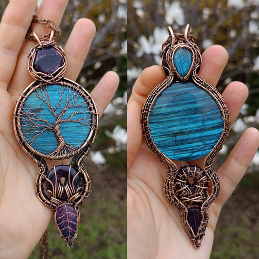 Blue tree of life. Statement copper wire wrapped necklace