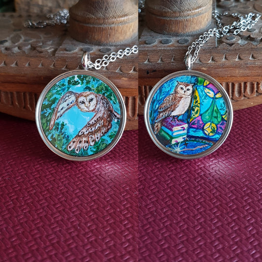 Forest magic owl. Double sided mini painted pendant.