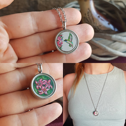 Hummingbird and pink flowers. Double sided mini locket.