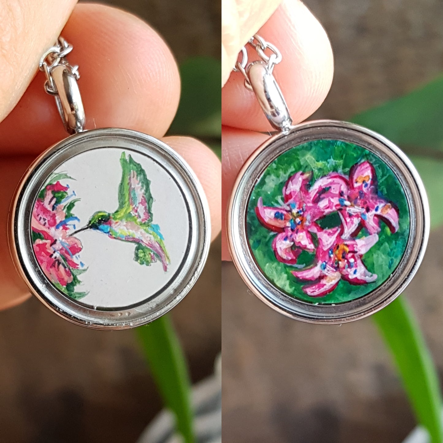 Hummingbird and pink flowers. Double sided mini locket.