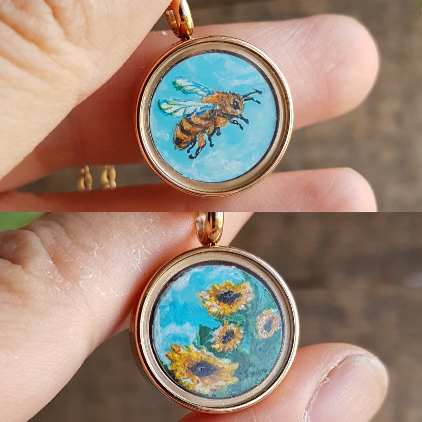 Bee and sunflowers. Double sided mini painted charm.