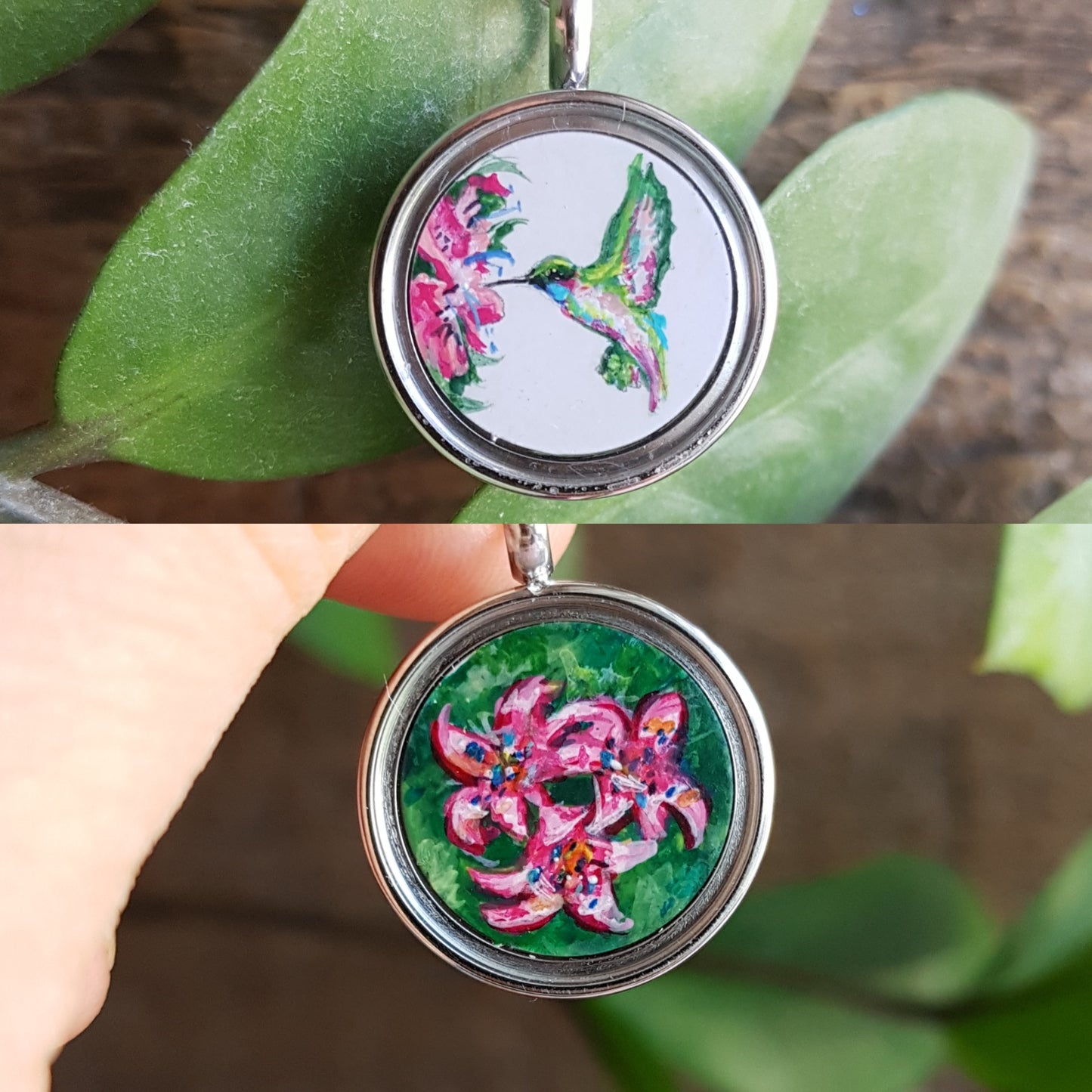 Hummingbird and pink flowers. Double sided mini locket.