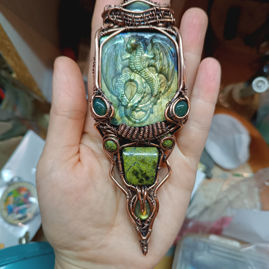 Green labradorite dragon amulet necklace