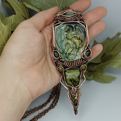 Green labradorite dragon amulet necklace