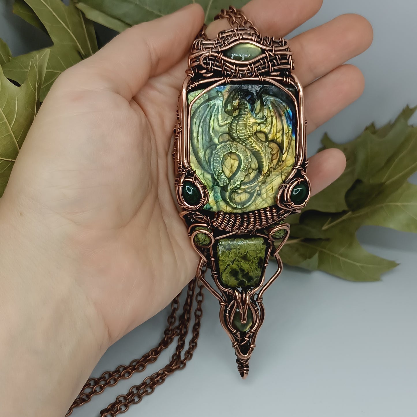 Green labradorite dragon amulet necklace