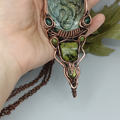 Green labradorite dragon amulet necklace