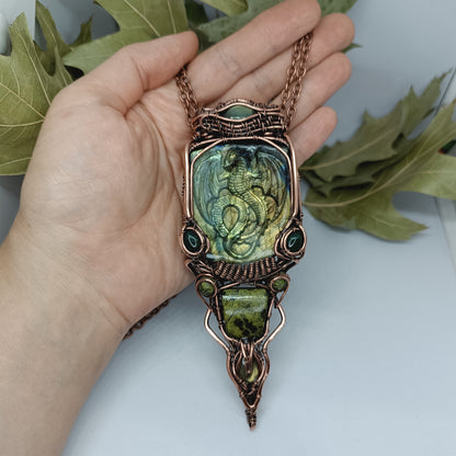 Green labradorite dragon amulet necklace