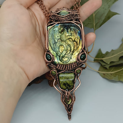Green labradorite dragon amulet necklace