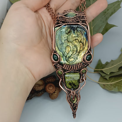 Green labradorite dragon amulet necklace