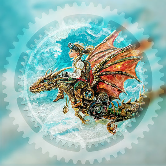 Dragon rider. Square digital painting with blurr background and a cog.