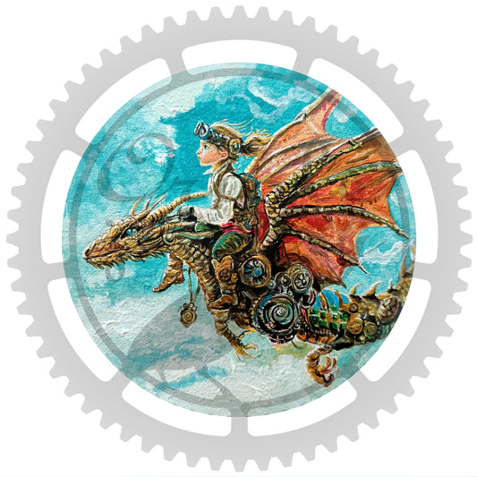 Dragon rider. Round digital painting. White square background.