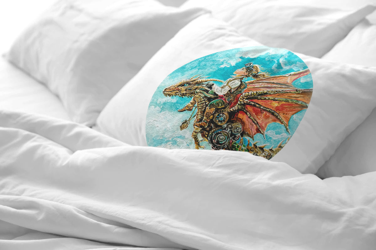 Dragon rider. Round digital painting. White square background.