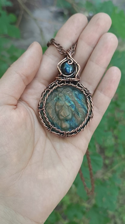 Carved leo labradorite necklace.