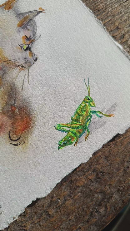 Hop hop! Fluffy cat and grasshopper. Original watercolour