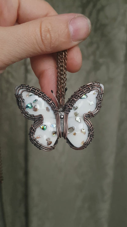 Reversible. White enamel butterfly necklace.