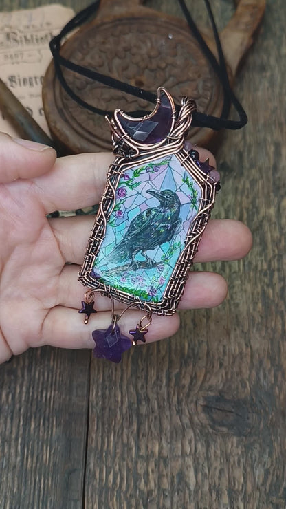 Medieval window necklace. Raven and Bat.