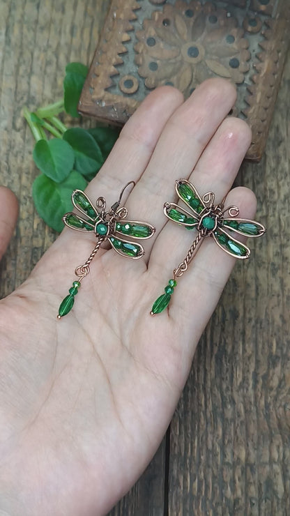 Green dragonfly dangling earrings