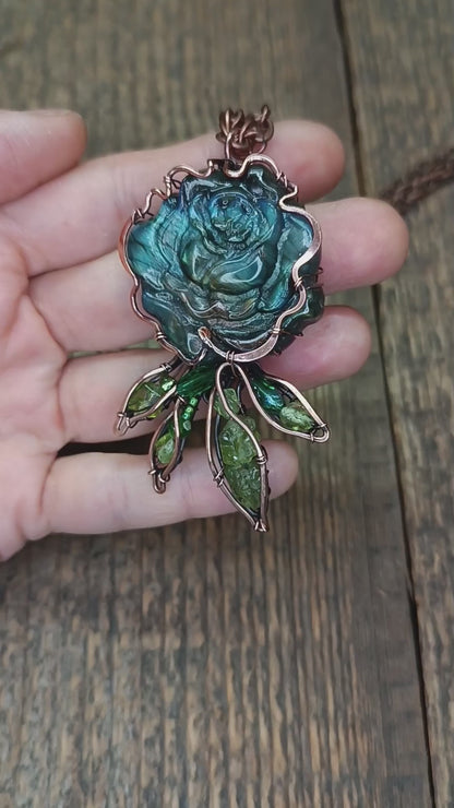 Blue rose with hidden rainbows. Necklace.
